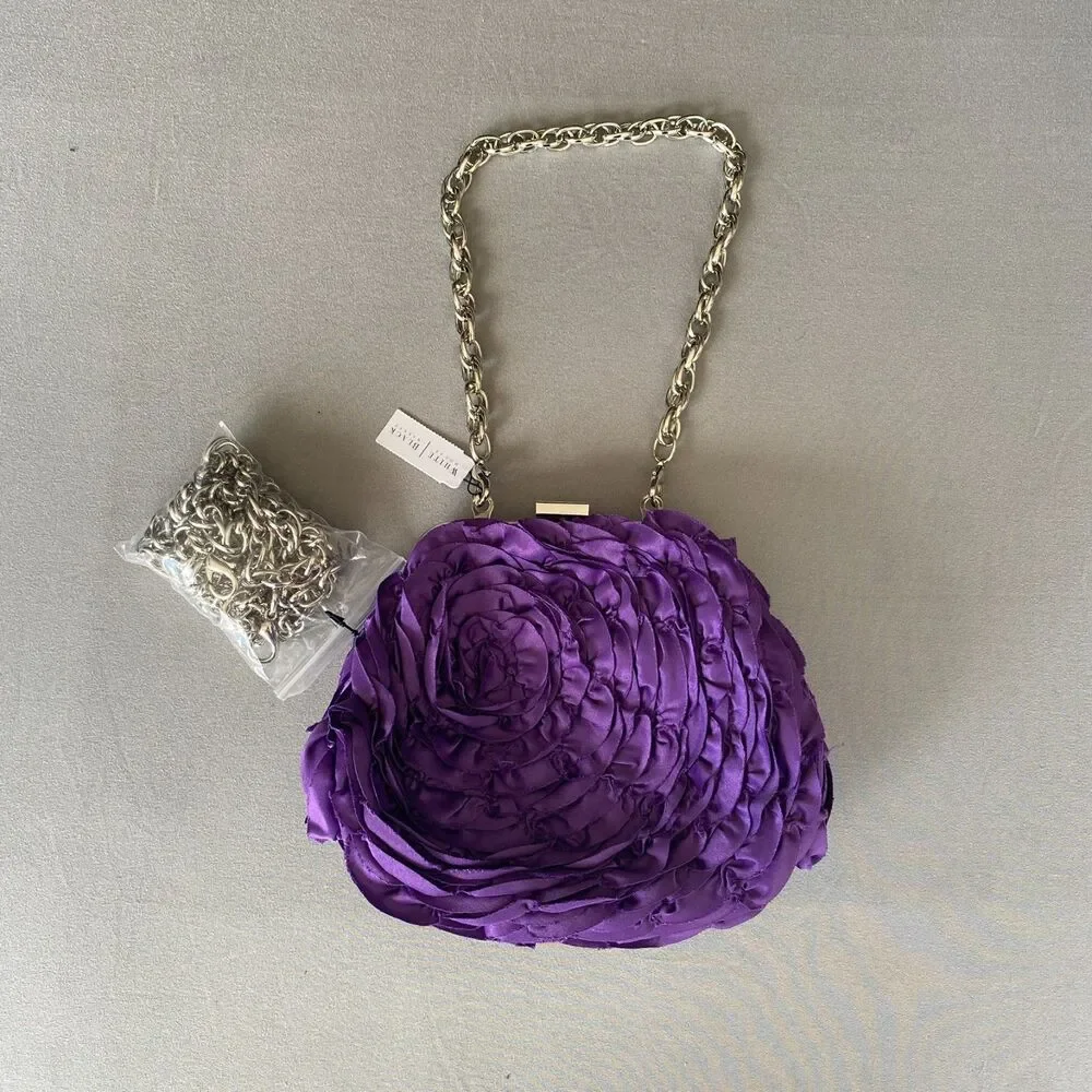 NWT White House Black Market Purple Rosette Floral Clutch Chain Bag Convertible